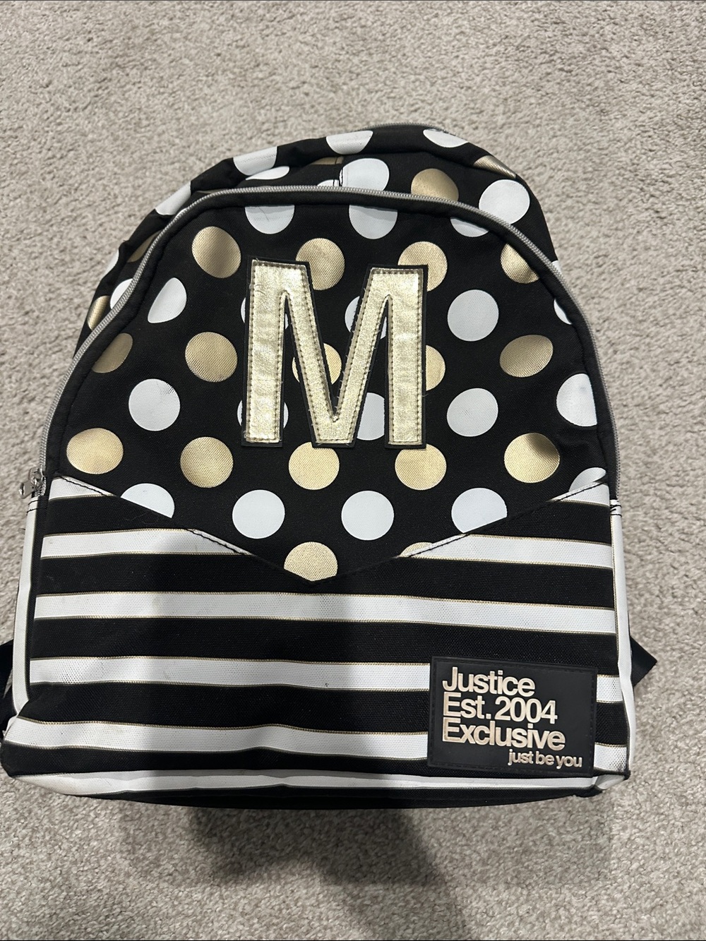Justice Black, White & Gold Polka Dot Backpack with Stripes and 'M' Patch